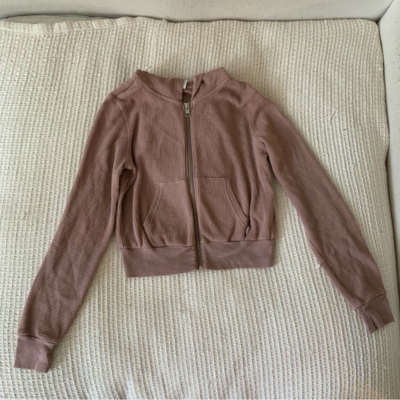 Aritzia Tna Waffle Knit Zip Up Hoodie Long Sleeve Jacket Top Purple Nude - Picture 3 of 7